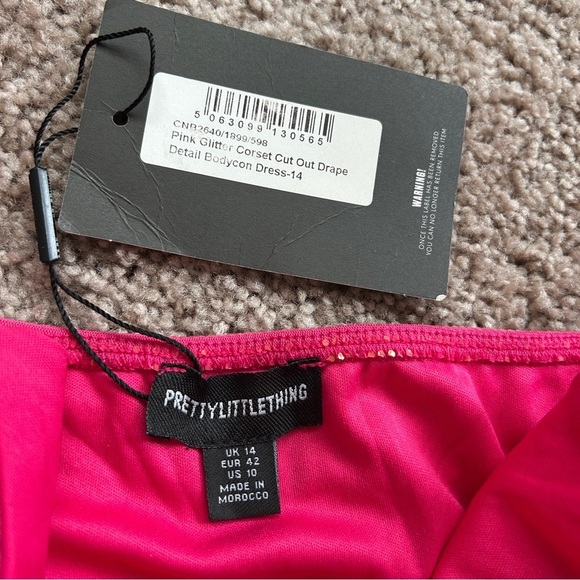 PrettyLittleThing Pink Glitter Corset Cut Out Drape Detail Bodycon Dress NWT 10 - Picture 10 of 13